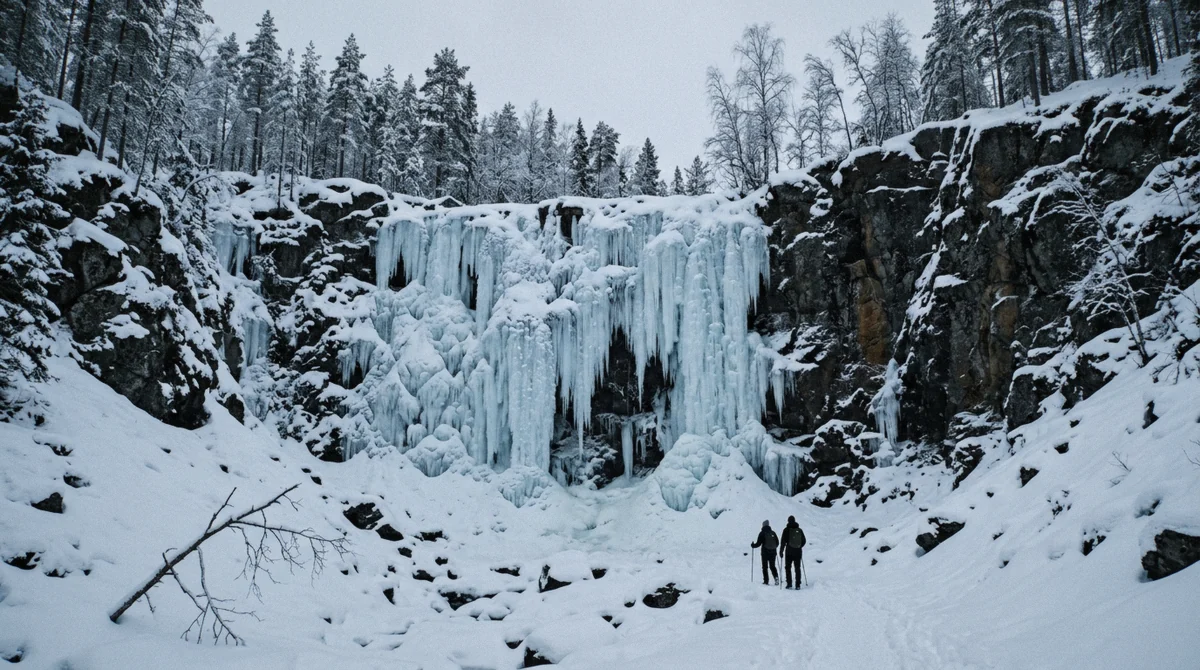 Blue frozen waterfall on the cliff face of Korouoma Canyon seen from the Koronjaa trail on a frozen waterfalls tour from Rovaniemi
