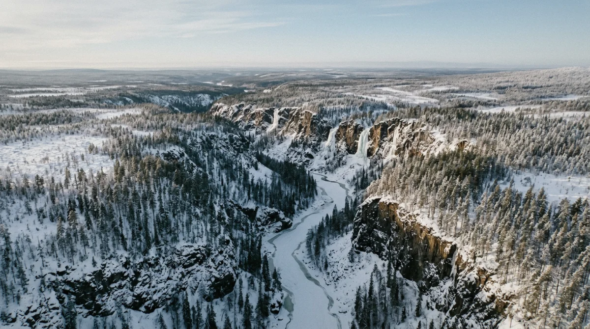 Wide view along the Korouoma canyon with several frozen waterfalls on the far wall, the area covered by this Korouoma frozen waterfalls map