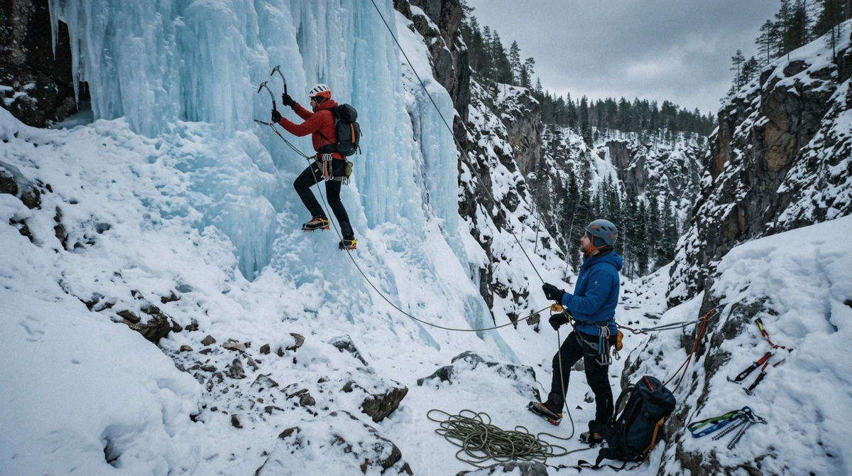 Ice climbers belaying at the foot of a frozen waterfall while ice climbing at Korouoma Canyon, Finland