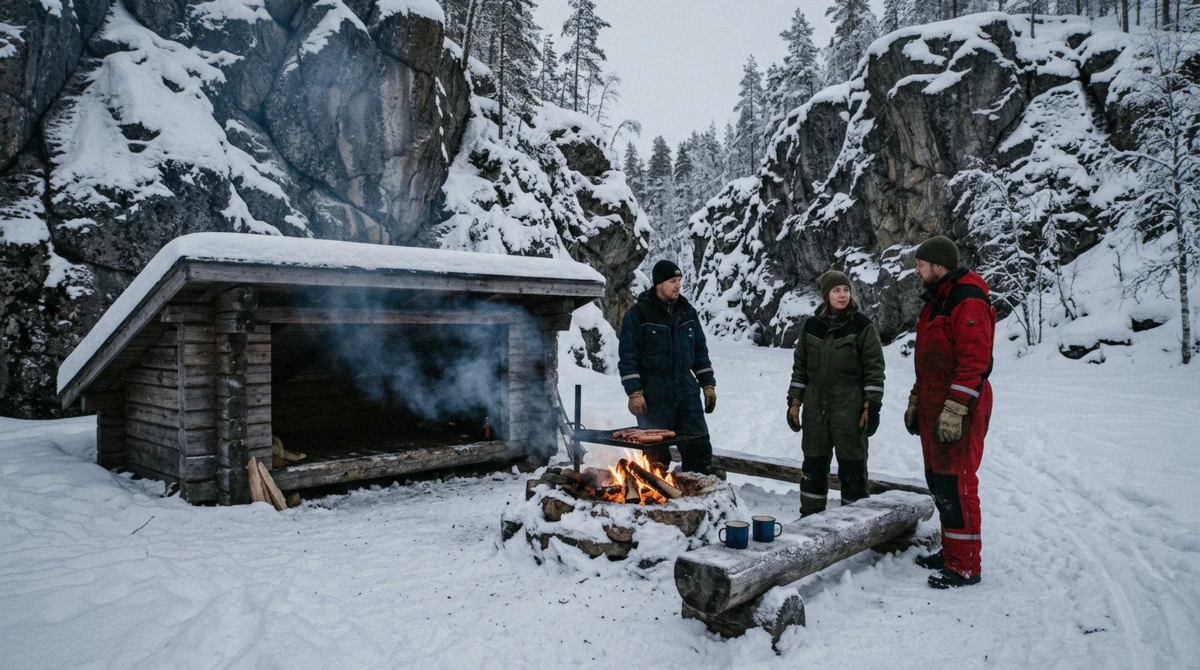 Open fire and grilled food at a canyon lean-to, included on a guided Korouoma tour but self-catered on a self-drive visit