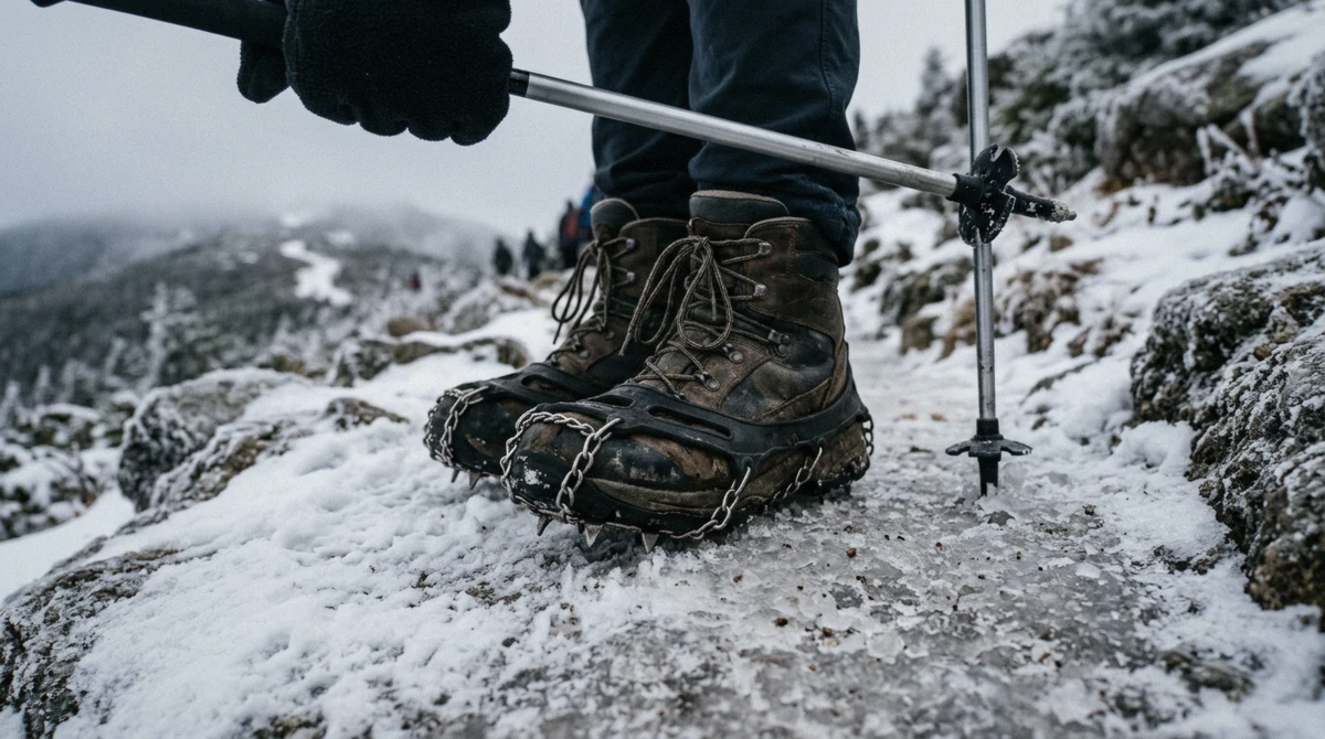 Strap-on ice cleats over winter boots on packed ice, the grips needed at Korouoma Canyon