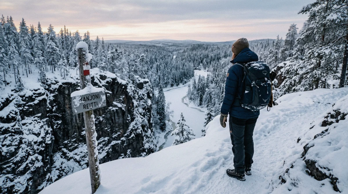 Hiker at the snowy rim above the canyon at the start of the Korouoma canyon hike in Finnish Lapland