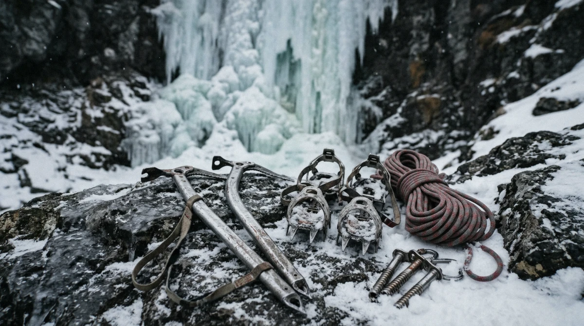 Ice axes, crampons and screws on snow at the base of a wall used for ice climbing at Korouoma