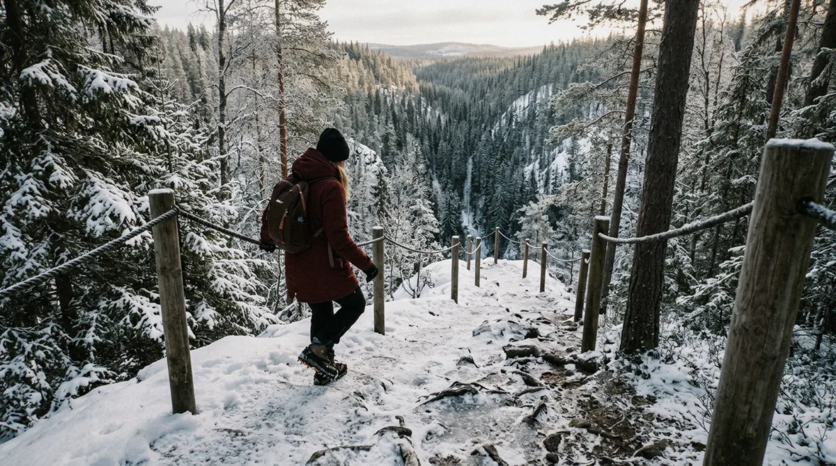 Steep roped descent into the canyon on the Korouoma canyon hike, packed ice and snow underfoot